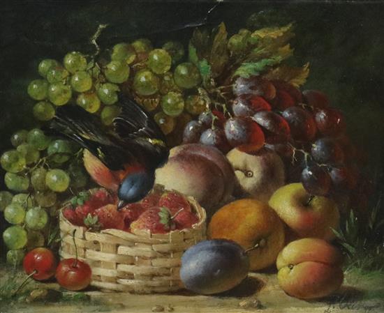 L. Oliver, oil on canvas laid on board, Still life of a bullfinch and fruit, signed, 24 x 28cm